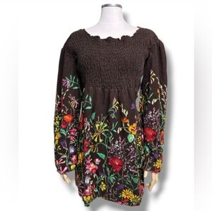 FUNKY PEOPLE Brown Corduroy Smocked Babydoll Tunic Colorful Wildflower Print Y2K